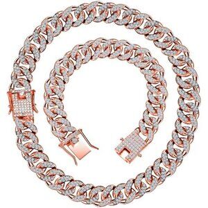 Rose Gold 2 Pieces Cuban Link Chain for Women Cuban Necklace Bracelet Heavy